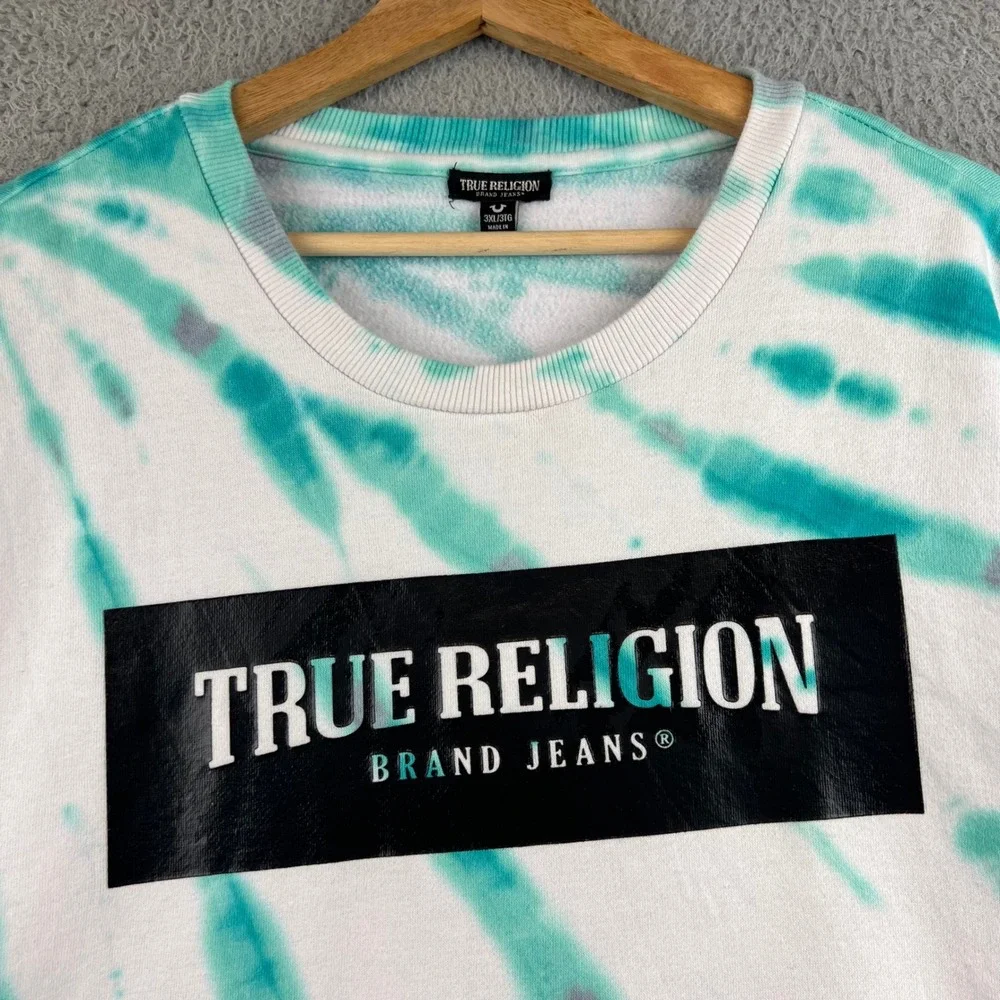 True Religion Mens 3XL Tie Dye Box Logo Crewneck Sweatshirt Teal White Pullover